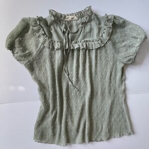 Sweet Wanderer Olive Green Blouse Sheer Short Sleeves Front Tie W/ Ruffles Sz S